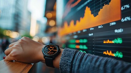 Person checks real-time stock data on smartwatch with large financial trend display for representing modern investment strategies digital finance or instant market information access concept. - Powered by Adobe