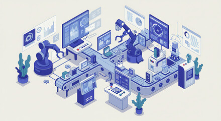 Smart factory automation concept. Isometric illustration of a futuristic industrial production line with robots and data monitoring.