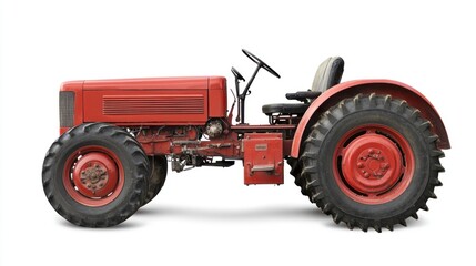 Obraz premium An old red tractor with a black steering wheel and seat, parked on a white background with a shadow cast on the ground.