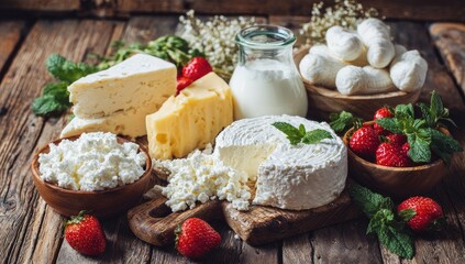 Assorted dairy products on rustic wooden table