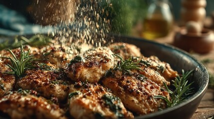 Roasted chicken breasts, seasoned with herbs and spices, being sprinkled with seasoning