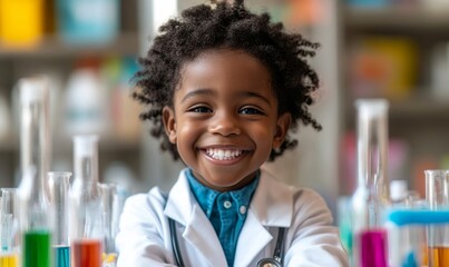 Happy Black child in a medical scientist costume at a childrens party, immersed in a science lab environment, encouraging curiosity and learning, Generative AI