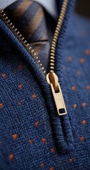 Close-up of a zipper on a navy sweater with orange polka dots and a patterned tie