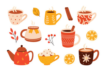 Warm Drinks and Autumn Vibes: A vibrant illustration of various hot drinks, from steaming mugs of coffee and tea to a delightful teapot, along with seasonal elements like a leaf and orange slices.