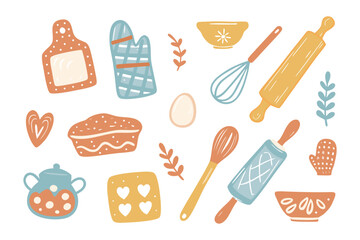 Kitchen Collection: A charming assortment of illustrated kitchen tools, evoking a sense of cozy culinary creativity. Includes rolling pins, mixing bowls, and various baking essentials.