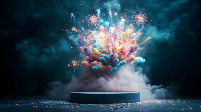 Festive explosion of colorful smoke and sparks creating a vibrant celebration atmosphere