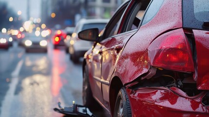 Naklejka premium A red car with visible damage, parked on a wet road with traffic in the background.