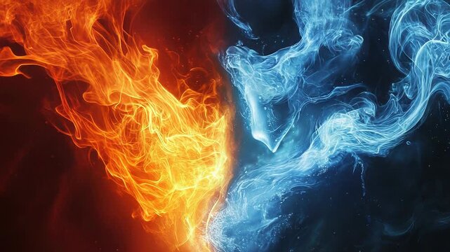 Fire meeting ice creating abstract shapes in a vivid contrast