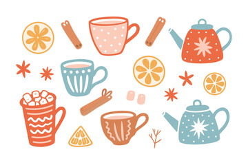 Festive Drink Elements: A charming collection of illustrated drink elements, including cozy mugs, fragrant cinnamon sticks, juicy orange slices, and elegant teapots, evoking warmth and comfort.