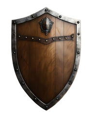 Wooden medieval shield with metal accents, perfect for historical illustrations and fantasy art projects on transparent background