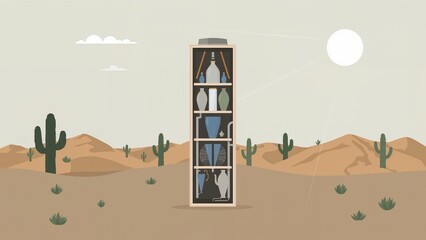 Desert Illustration with Cactus Display Case: Minimalist Arid Landscape for Home Decor in Modern Style - Sunlit Empty Space and Ceramics Showcase, Creative Isolated Artistic Design Background