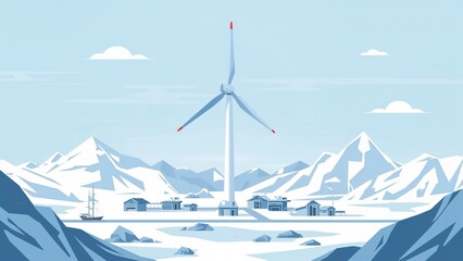 Winter Mountain Landscape with Wind Turbines and Shipping Vessel: Clean Renewable Energy Illustration in Cold Climate with Blue and Cloudy Sky