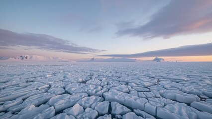 Scenic Icy Polar Landscape with Glaciers and Snow Under Clear Arctic Sky at Sunset in Remote Natural Winter Environment