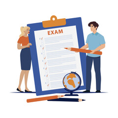 Vector illustration of students preparing for an upcoming exam. A male student holds an oversized pencil while a female student observes a large clipboard with exam questions
