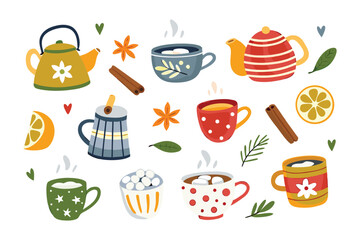 Warm Beverage Collage: A whimsical and inviting collage featuring an assortment of hot beverages, teapots, and delightful garnishes, evokes cozy moments, perfect for warming the soul.