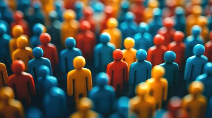 A diverse crowd of colorful figurines, each with unique facial expressions and body postures, standing in a vibrant, colorful setting with a blurred background.