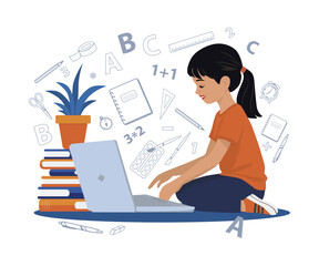 In this engaging vector illustration, a little girl sits cross-legged and studies intently on a laptop, surrounded by educational supplies such as books, pencils, and math symbols