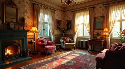 Cozy vintage living room with ornate cast-iron radiators, floral wallpaper, lace curtains, antique carved furniture, plush velvet chairs, warm golden light, and a crackling fireplace for nostalgic cha