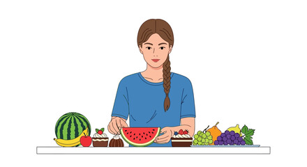 Illustration of a young woman with assorted fruits offering a balanced dietary concept, healthy choices and well-being with a variety of vitamin