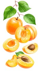 Ripe apricots, sliced and whole, with leaves