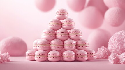 Pink macarons arranged in a pyramid shape against a pink background with pink spheres and flowers.