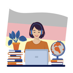 Vector illustration of a person engaged in online learning, using a laptop with headphones. Surroundings include books and a globe, reflecting a focused and educational environment