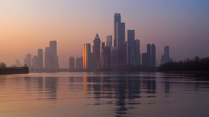 Fototapeta premium Modern city skyline reflected in calm water at sunset with warm orange and purple hues