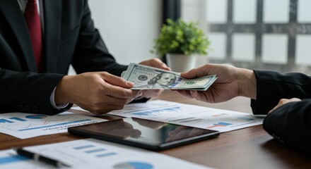 Businesspeople exchanging US dollar bills financial transaction concept.