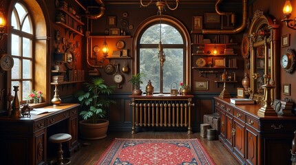 Obraz premium Highly detailed steampunk room design with clockwork elements, brass radiators, gears, dark wood textures, vintage lantern light, and a magical atmosphere rich with mystery and creativity