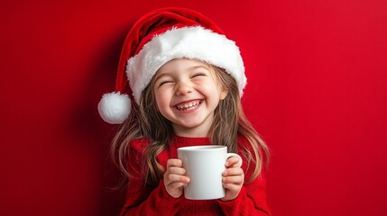 A happy little girl in a Santa hat is laughing with a cup of hot drink, isolated on a red background. Christmas and New Year concept