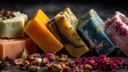 Close-up of colorful artisanal soaps, stacked, various hues