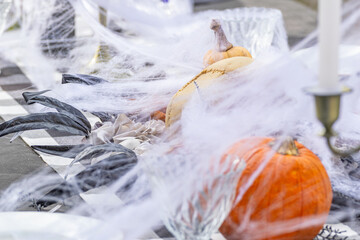 A Halloween Table Setting with Pumpkins and Spiderwebs. Concept The art of themed decor.