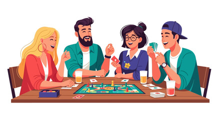 Illustration of cheerful friends enjoying a fun board game gathering at a cozy table game night concept