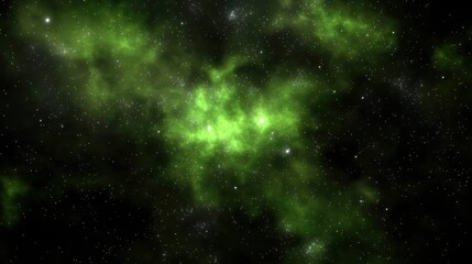 Naklejka premium A deep space nebula with a bright green center and surrounding darker green and black clouds.