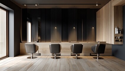 Modern salon interior, light-filled and minimalist.  Dark walls, light wood accents, and sleek styling chairs create a sophisticated space.  Natural light streams in from a large window