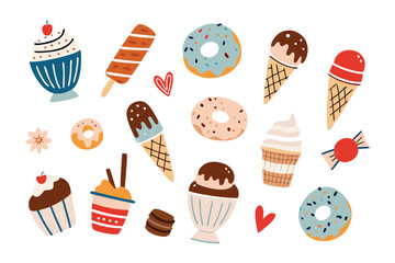 Sweet Treats Assortment: A delightful collection of diverse desserts and treats, showcasing a colorful array of ice creams, donuts, cupcakes, and other sweets.