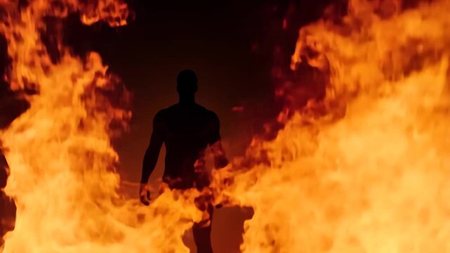 Silhouette of man standing in raging fire
