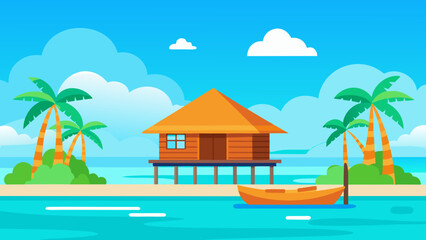 Wooden Bungalow on Stilts Over Calm Water Vector