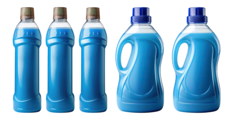 Blue Liquid Cleaning Product Bottles Arranged with Different Sizes, PNG bundle collection, Isolated on Transparent Background