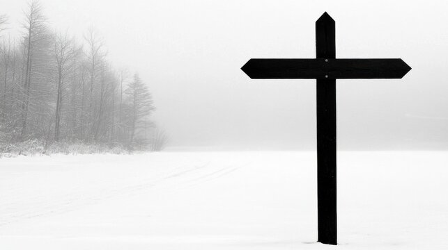 A black cross on a snowy field.