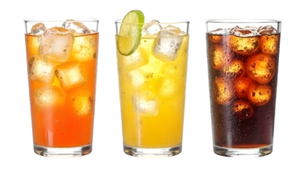 Refreshing soda drinks in glasses with ice cubes - orange, lemon-lime, and cola, isolated on a white backdrop


