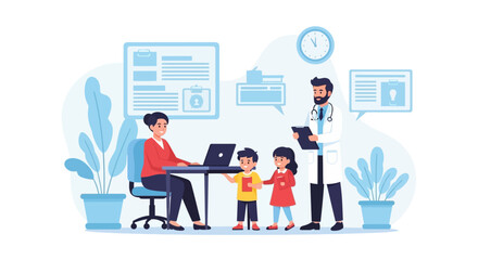 Fototapeta premium Doctor Consulting with Children and Mother, Emphasizing Pediatric Care and Modern Healthcare Services at Medical Office Setting