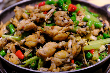 dry pot bullfrog with chili and vegetables. Chinese food