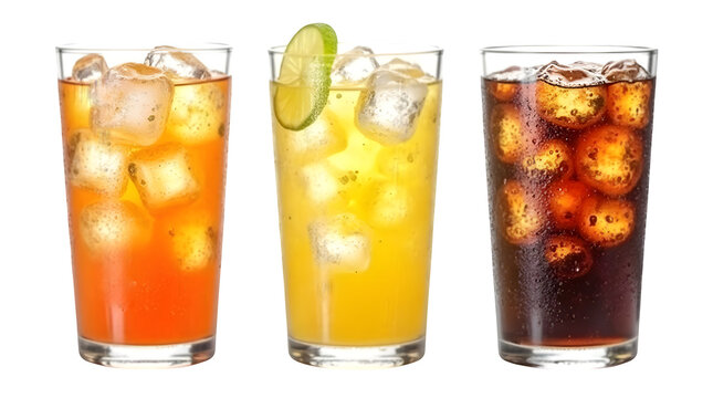 Refreshing soda drinks in glasses with ice cubes - orange, lemon-lime, and cola, isolated on a white backdrop

