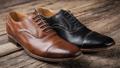 Two leather lace-up dress shoes, brown and black, on weathered wood