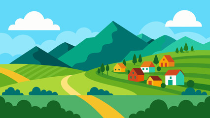 Vibrant Village at Base of Lush Green Hills