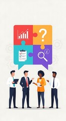 Business team solving a puzzle with icons of business analysis, question mark, clipboard, and magnifier, illustrating teamwork, strategy, and problemsolving skills