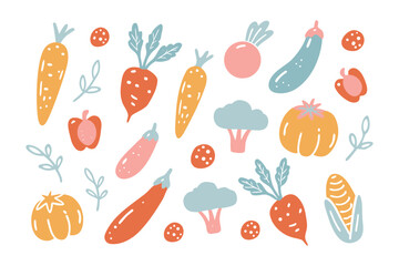 Vibrant Vegetable Medley: A whimsical arrangement of fresh, colorful vegetables, including carrots, beets, eggplants, and a pumpkin, are artfully scattered.