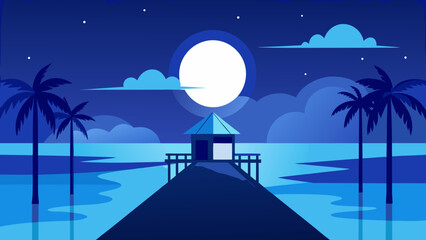 Night Scene with Wooden Pier Vector