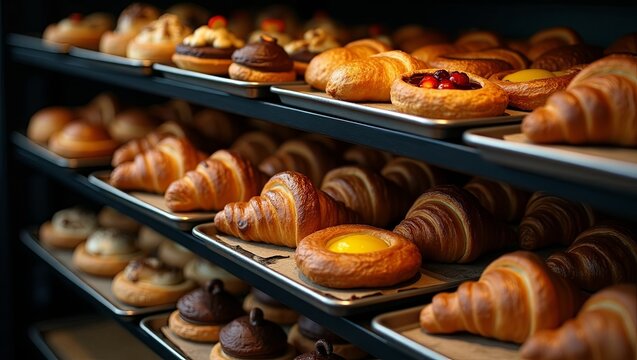 Rows of freshly baked croissants, danishes, and pastries displayed on metal bakery racks – artisan bread and gourmet treats in warm inviting shop setting